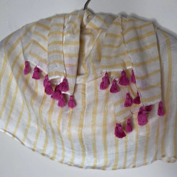 🛍️Yellow stripe pink pom-pom/tassel Nordstrom summer scarf $58 - Picture 5 of 8
